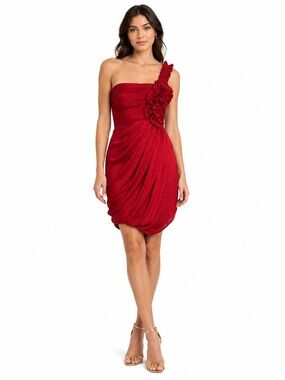 BCBGMAXAZRIA Runway Garnet One Shoulder Rosette Cocktail Dress Size 4